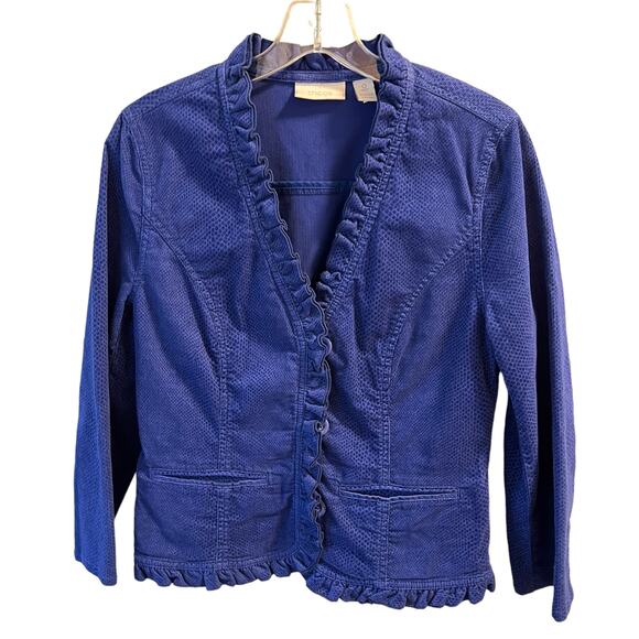 Chicos, 0, Royal Blue textured, V-neck Button Ruffled Jacket - Picture 1 of 11